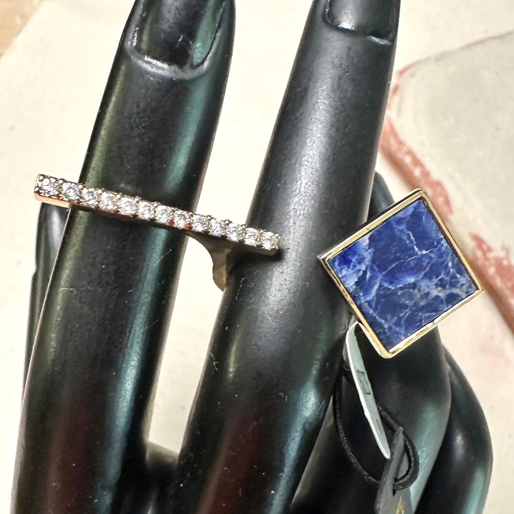 NWT Noir Blue Gold Statement Ring 18K Gold Plating Rhinestone Bar 2 finger 6
